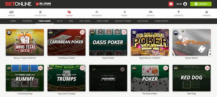 BetOnline poker selection category