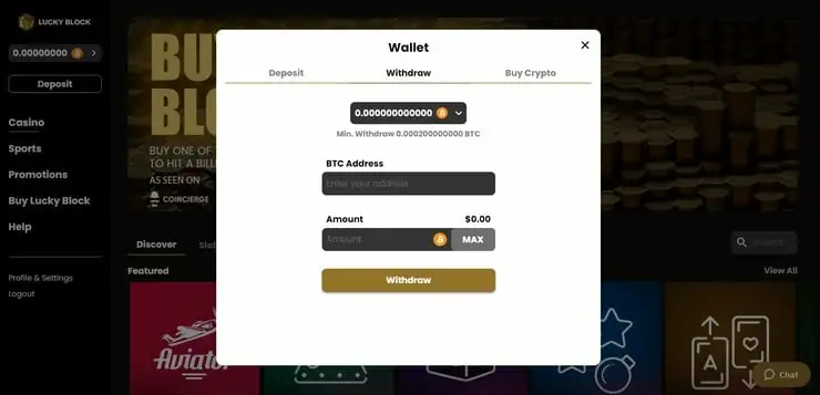 Lucky Block withdrawal section