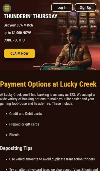 The Lucky Creek payment options page