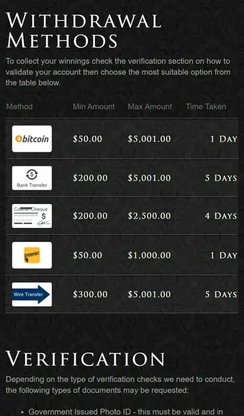 The payment options available at Lucky Red