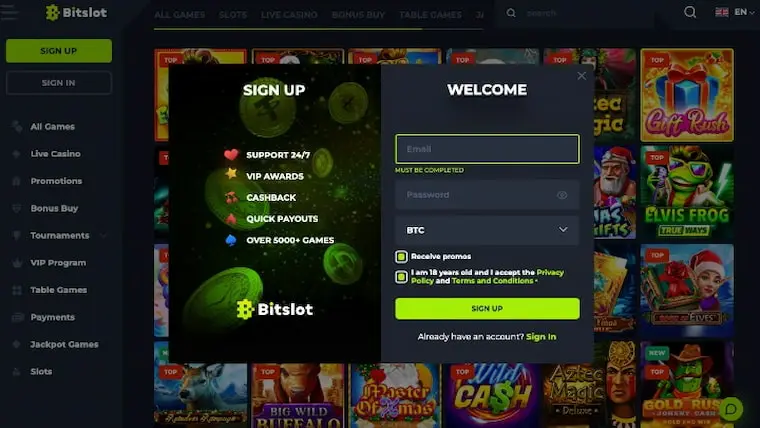 Sign up page Bitslot