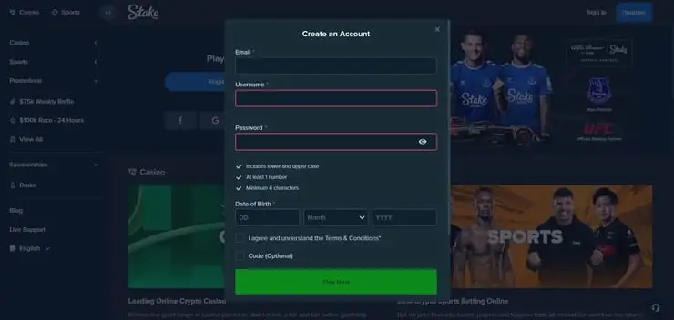 Sign up screen