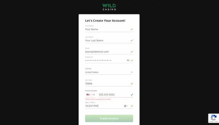 Wild Casino Mastercard online casino registration step 2 
