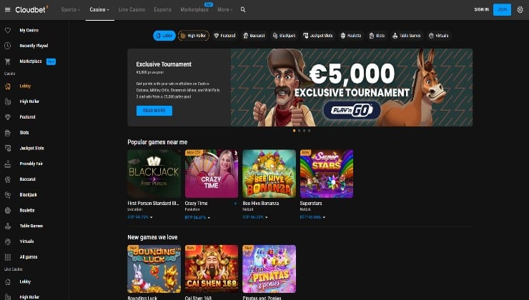 Cloudbet casino homepage