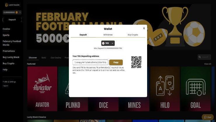 Depositing via TRON at Lucky Block