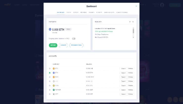 Depositing via ETH at the mBit online casino