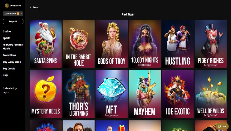 Some of the Red Tiger games on offer at Lucky Block