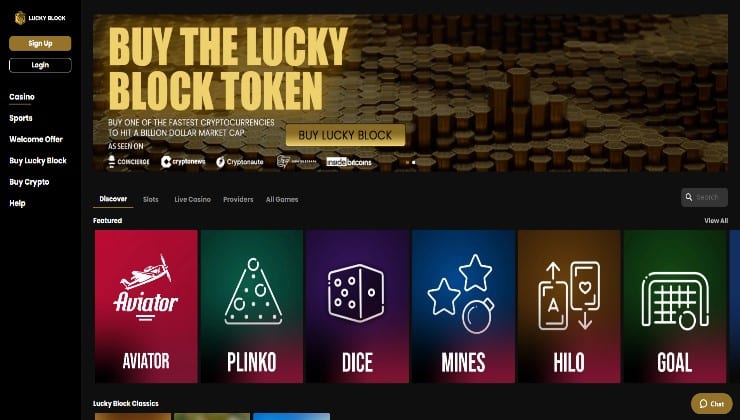 The homepage of the Lucky Block casino site