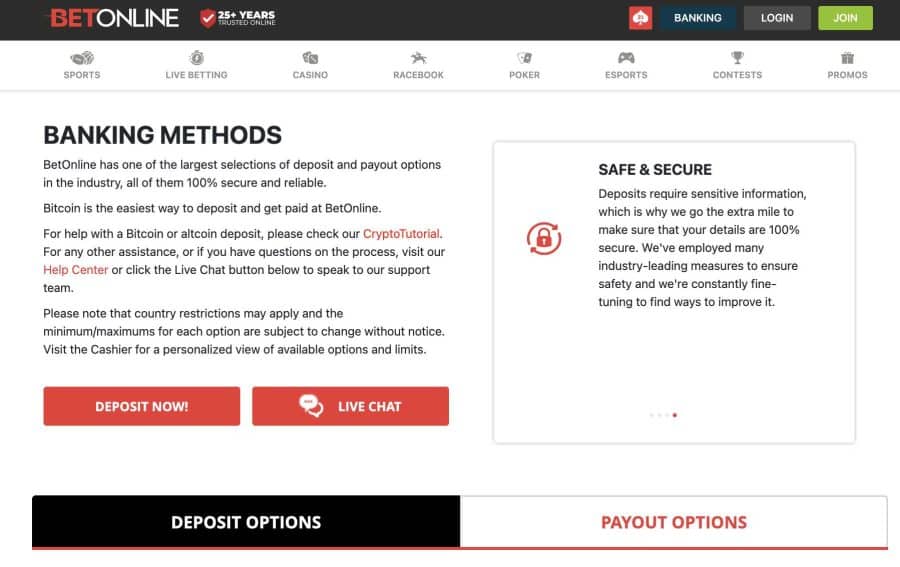 Banking options at BetOnline