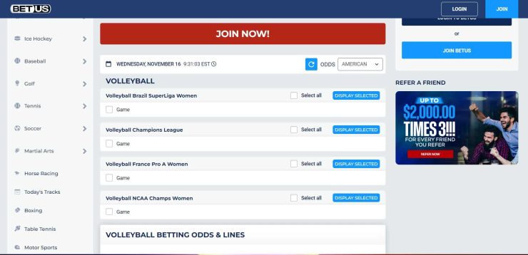 BetUS sports betting screen