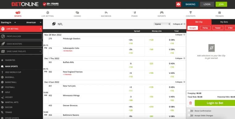 BetOnline bet selections