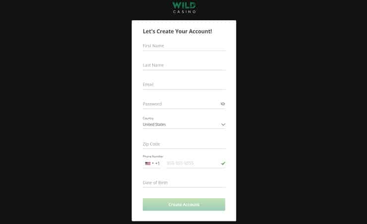 Wild Casino Sign Up Form