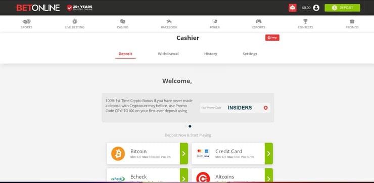 Bonus code input at BetOnline