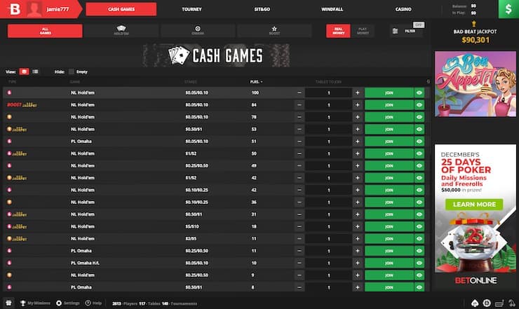 Poker Lobby at BetOnline