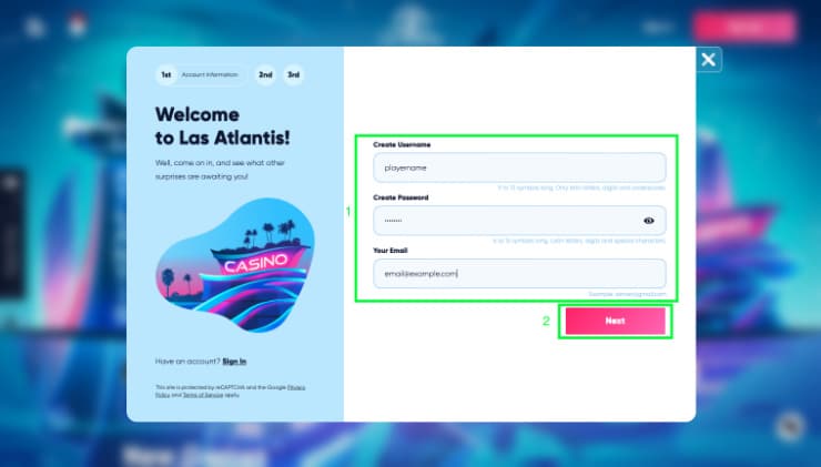Register at Las Atlantis Step 2