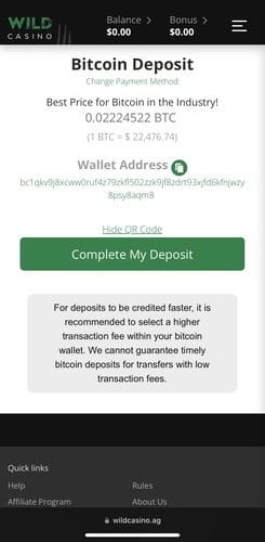 Bitcoin deposit at Wild Casino