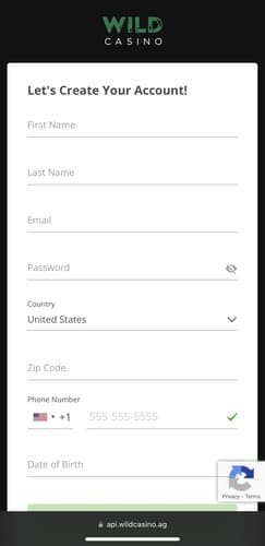 Wild Casino sign up page