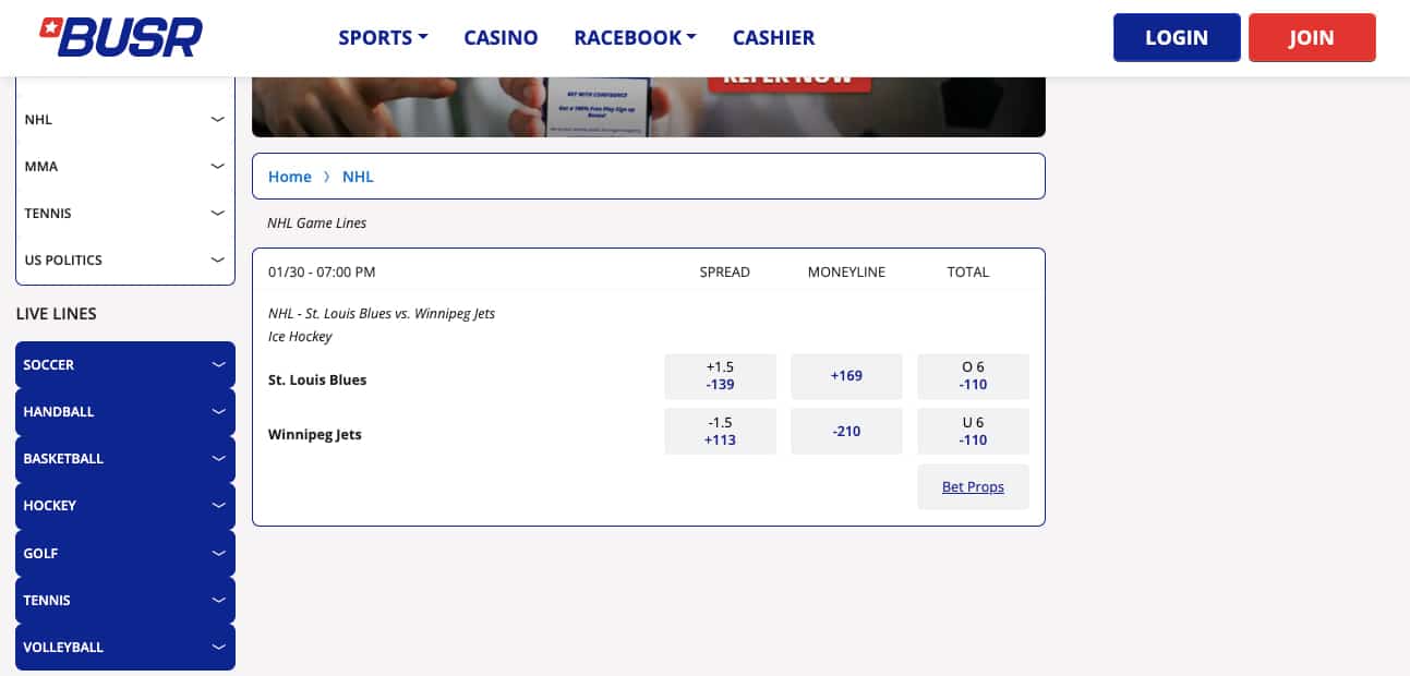 BUSR NHL game lines NY betting