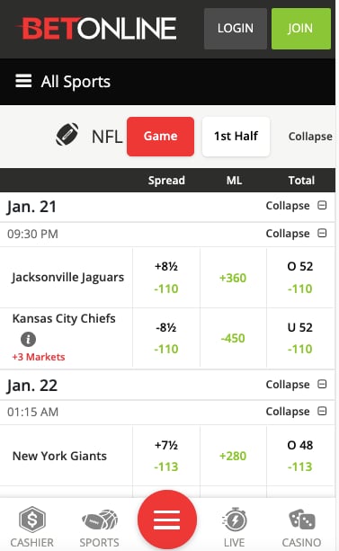BetOnline NFL game lines SC app