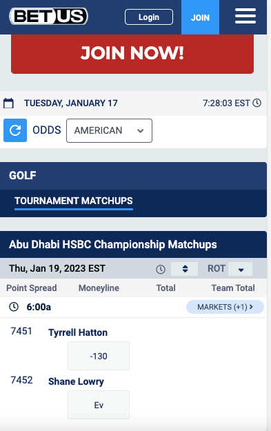 BetUS SC app golf lines