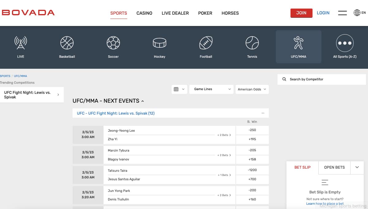 Bovada Michigan UFC lines