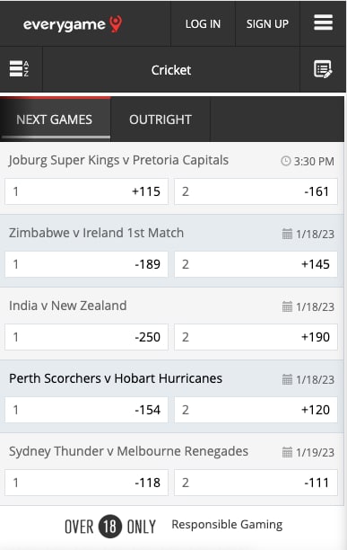 Everygame SC app cricket lines