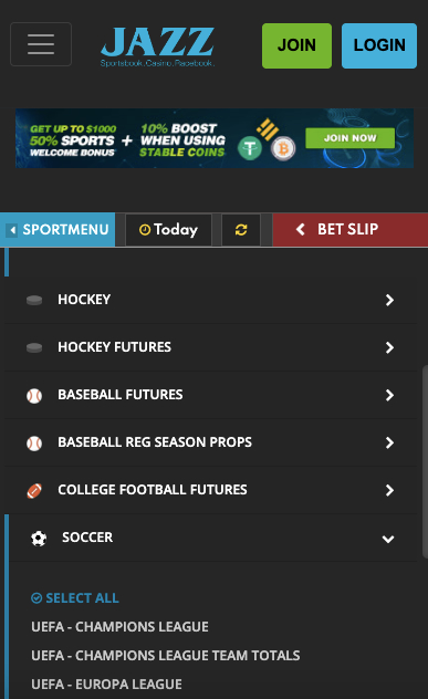 Jazz sports menu SC app