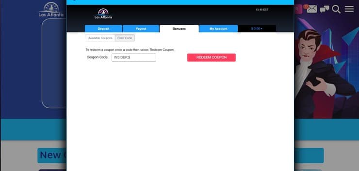 Inputting Las Atlantis no deposit bonus codes