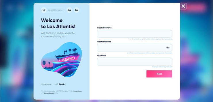 Sign up screen at Las Atlantis