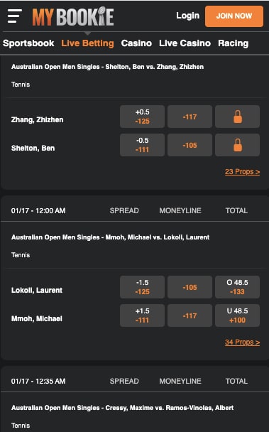 MyBookie live tennis betting SC app