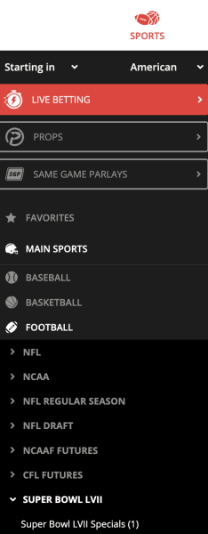 BetOnline NFL Menu