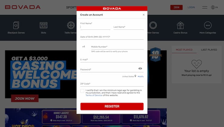Bovada Casino Register