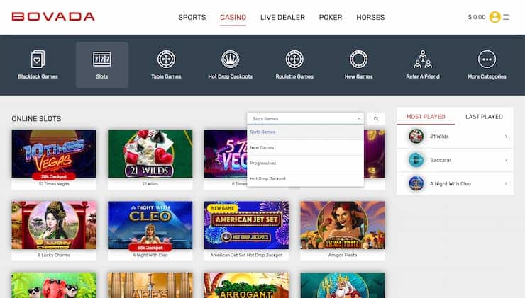 Bovada Casino Game Selection