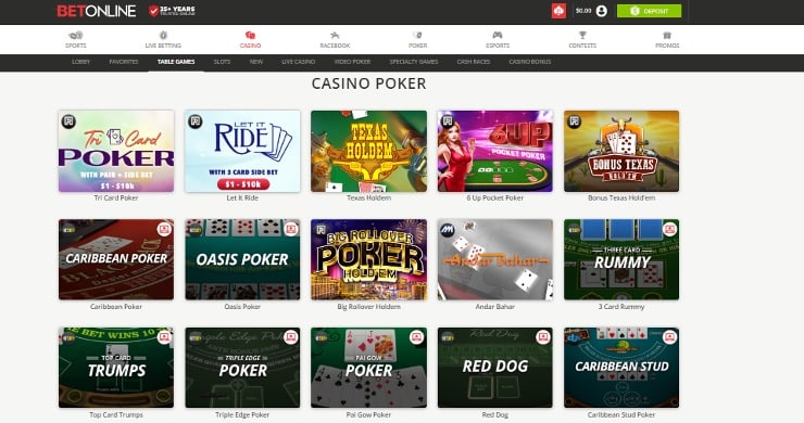 BetOnline table games
