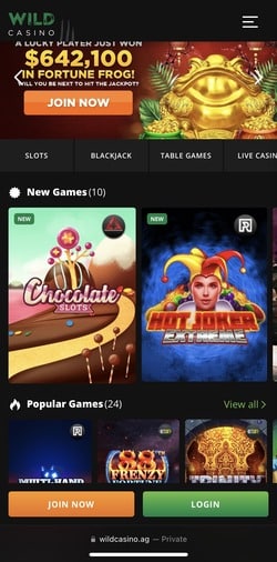 Wild Casino PA casino app homepage
