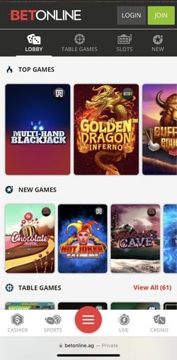 BetOnline mobile homepage