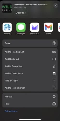 Browser menu options