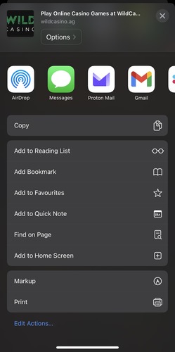 Safari menu options