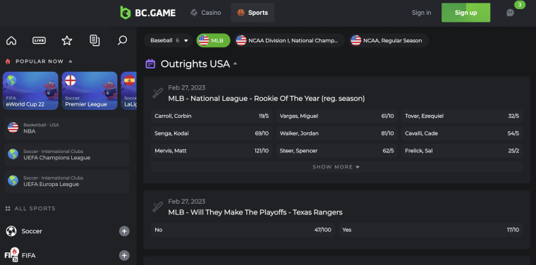 BC Game MLB Betting Site