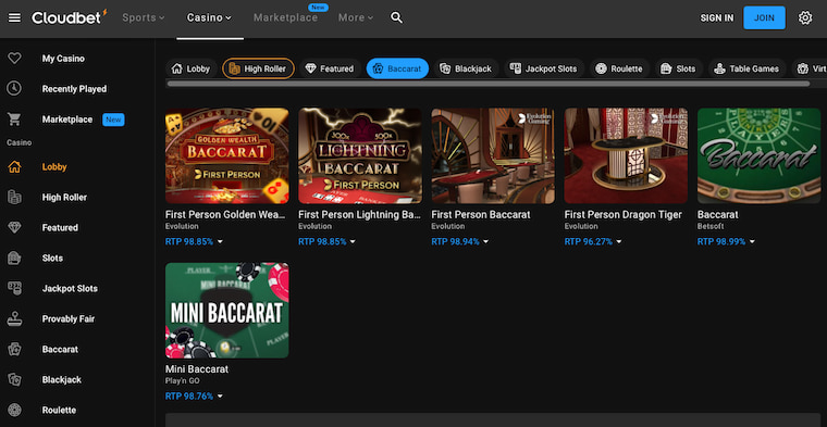 Baccarat online at Cloudbet