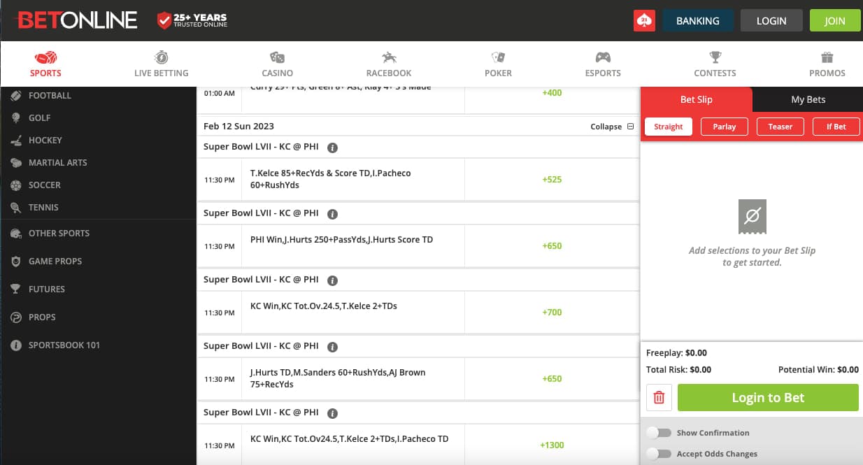 BetOnline Super Bowl parlays Nevada