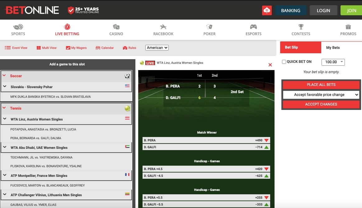 BetOnline live betting WTA OR
