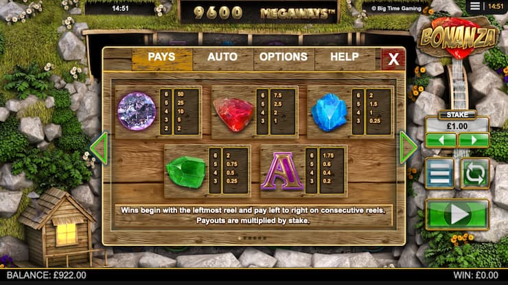 Bonanza Slots Pay table