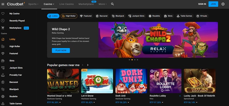 Cloudbet casino homepage