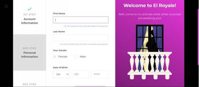 Signing up form El Royale Casino