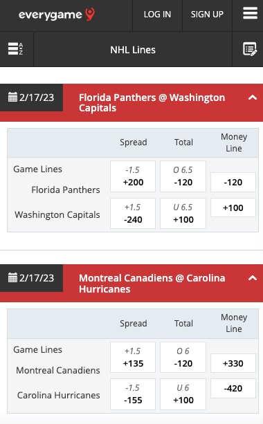 Everygame NHL lines Hawaii app