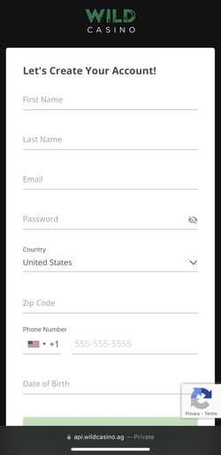 Wild Casino sign up screen