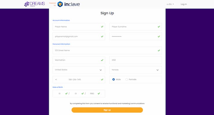 Sign Up to Dreams Casino Step 2