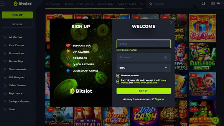 Sign up page Bitslot