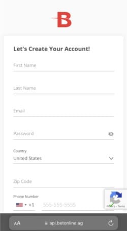 BetOnline sign up step 2